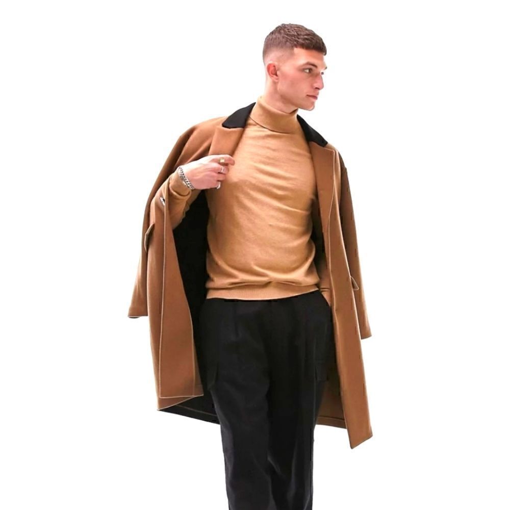 Mens Topman Ribbed Knit Lightweight Turtleneck Sweater in Camel Gold L